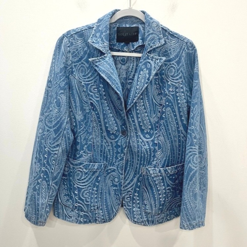 Solitaire Paisley Printed Denim Blazer Jacket Boho Western Single Button Size S